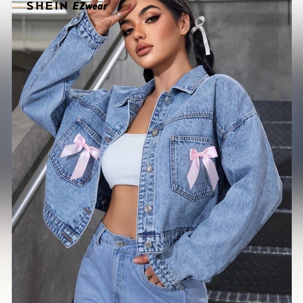 Denim Jacket with Bow Details
